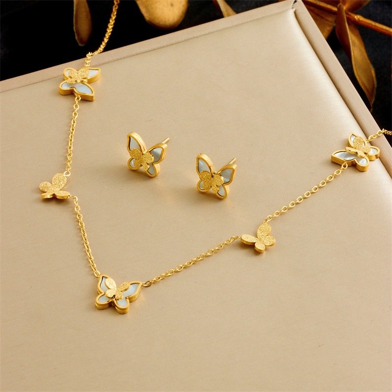 Korean style fashionable sweet and cute oil-pink bow flower cherry butterfly accessory stainless steel jewelry set