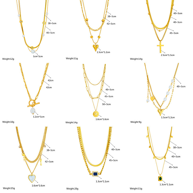 Cross-border fashion minimalist design retro stainless steel multi-layer chain cross heart pearl pendant necklace for women