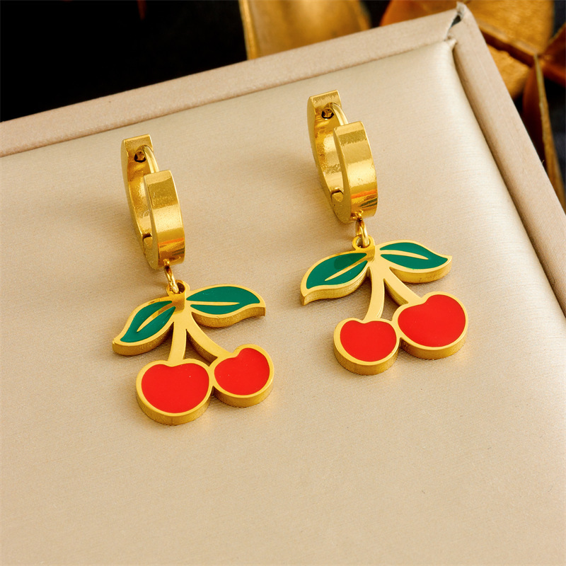 Korean style fashionable sweet and cute oil-pink bow flower cherry butterfly accessory stainless steel jewelry set