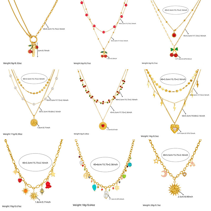 Cross-border European and American style retro double-layer chain diamond-encrusted cherry fruit heart compass stainless steel necklace