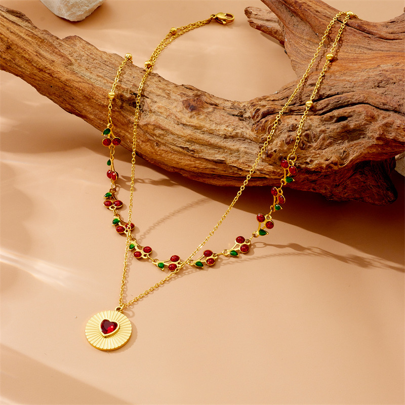 Cross-border European and American style retro double-layer chain diamond-encrusted cherry fruit heart compass stainless steel necklace