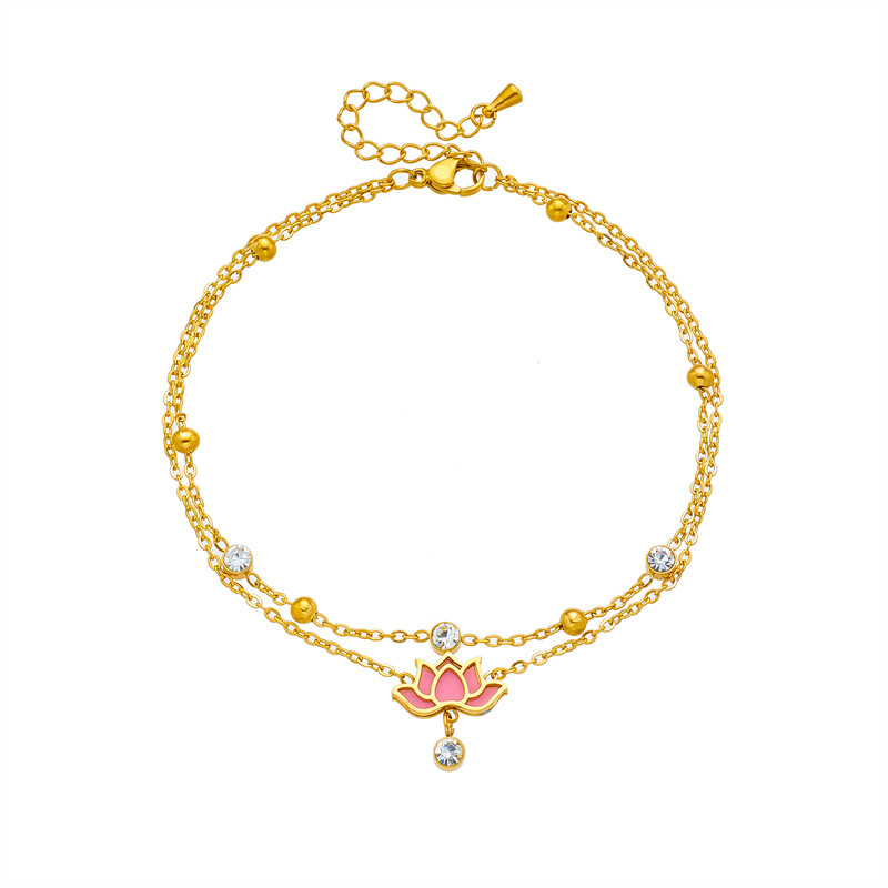 European and American style high-end versatile beach style layered chain metal diamond lotus pendant titanium steel anklet