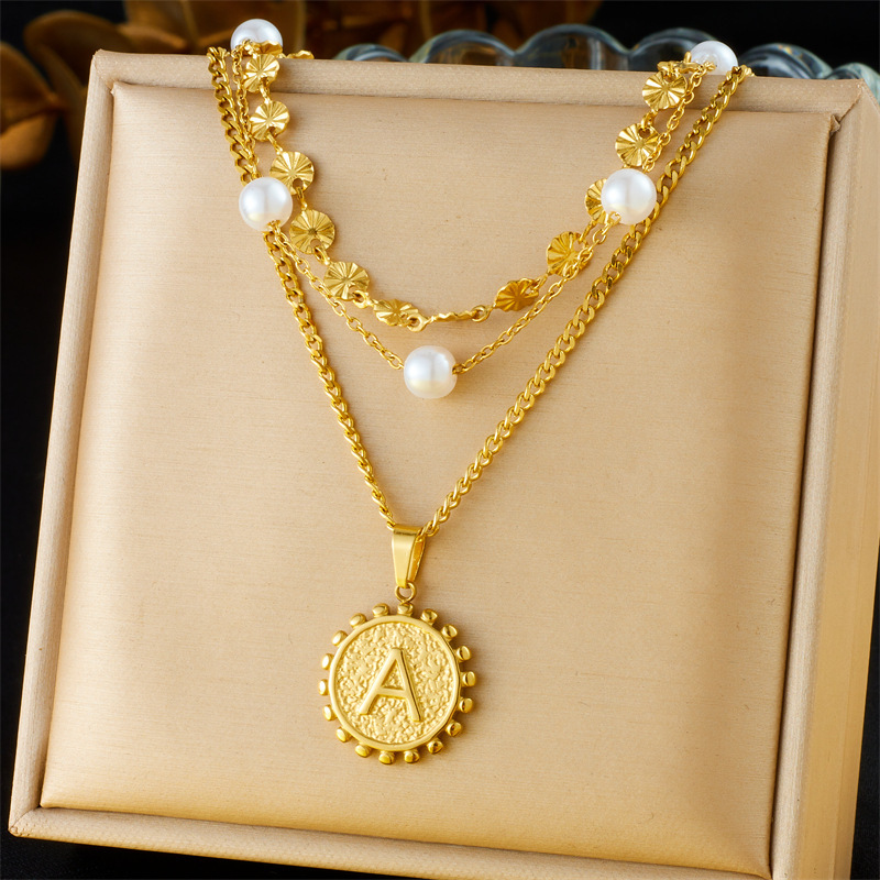 Cross-border European and American style retro double-layer chain diamond-encrusted cherry fruit heart compass stainless steel necklace