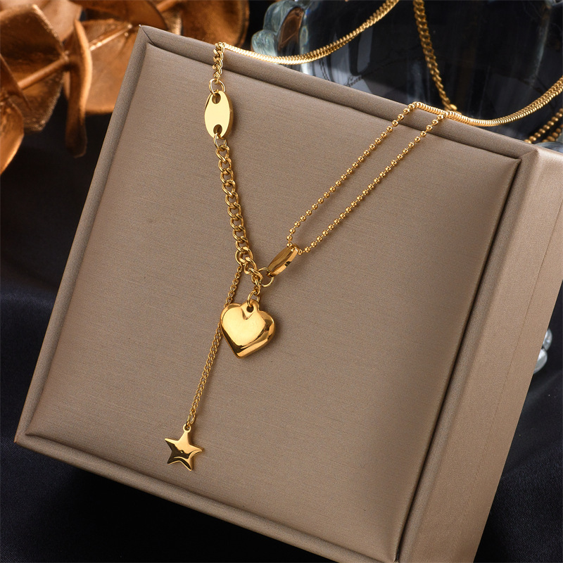 European and American cross-border high-end asymmetrical chain heart pearl pendant stainless steel multi-layer chain necklace