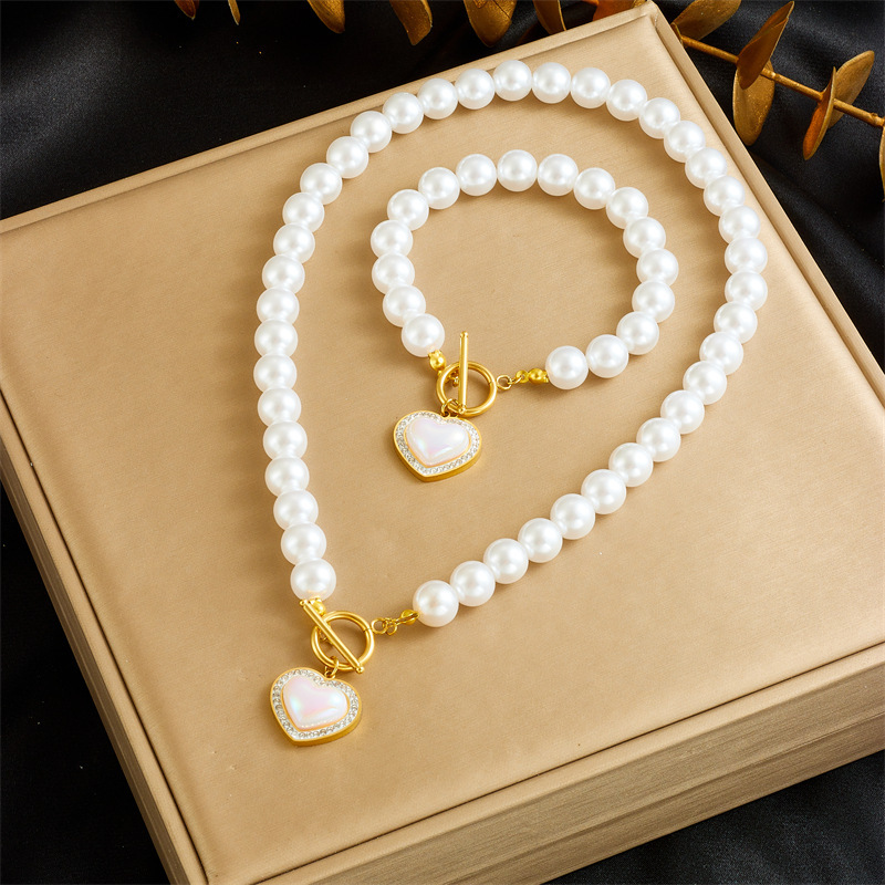 French vintage design pearl chain gold-plated OT clasp stainless steel scallop starfish pendant bracelet and necklace set
