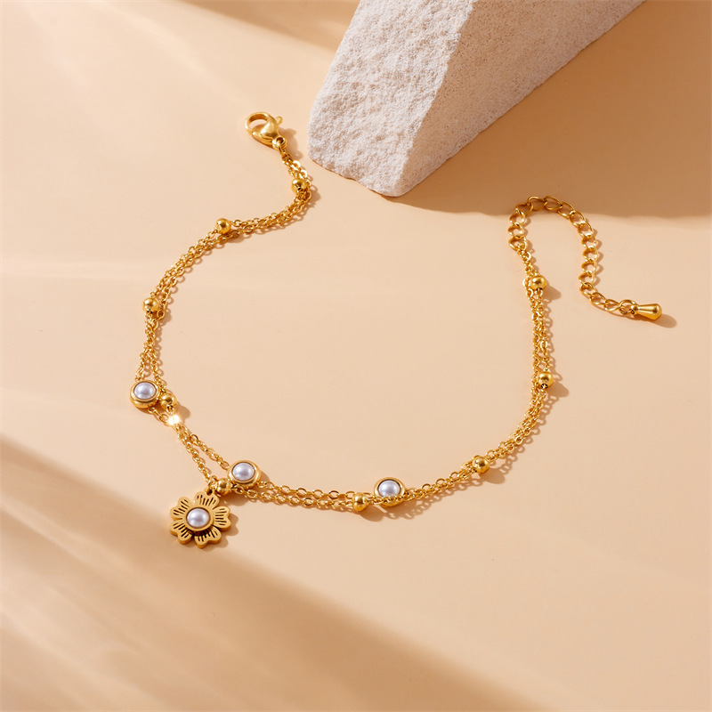 European and American style retro-style pearl flower pendant double-layer chain gold-plated stainless steel anklet