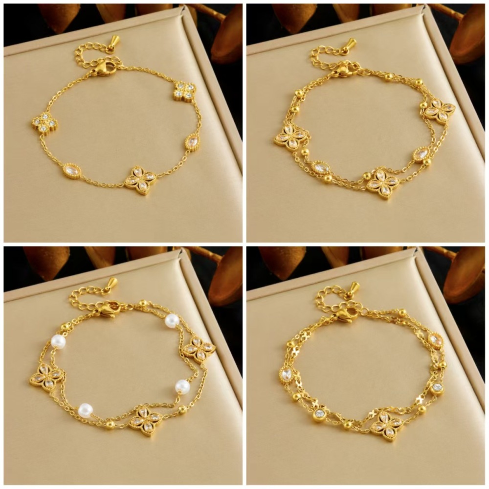 Fashionable cross-border rhinestone diamond four-petal flower double-layer chain pearl accessories geometric stainless steel bracelet