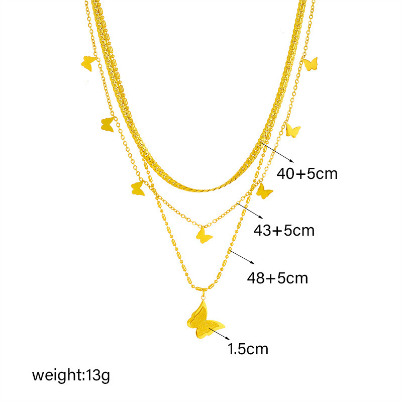 European and American style, light luxury, high-end, minimalist, niche design, multi-layered titanium steel stacked chain, smooth butterfly pendant necklace