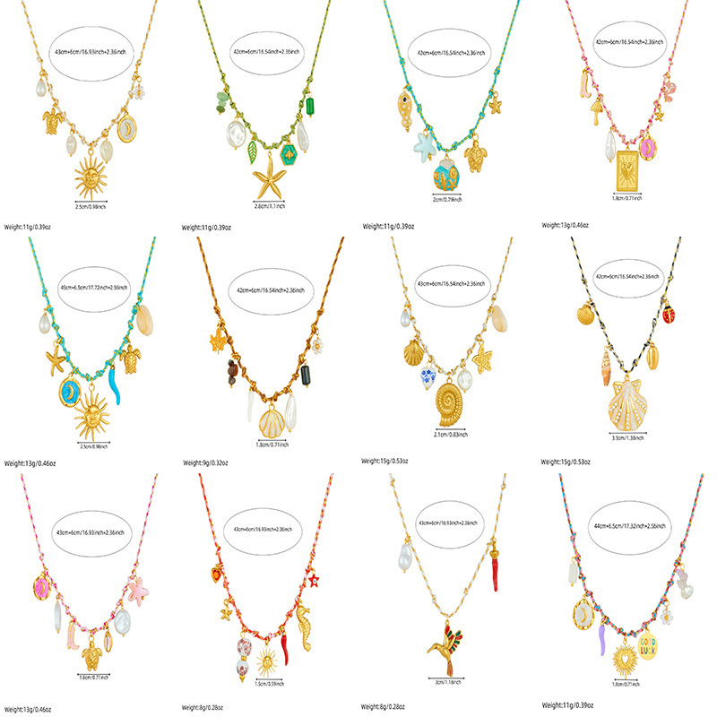 Ocean-themed stainless steel necklace with starfish, turtle, conch, and seashell motifs for women.