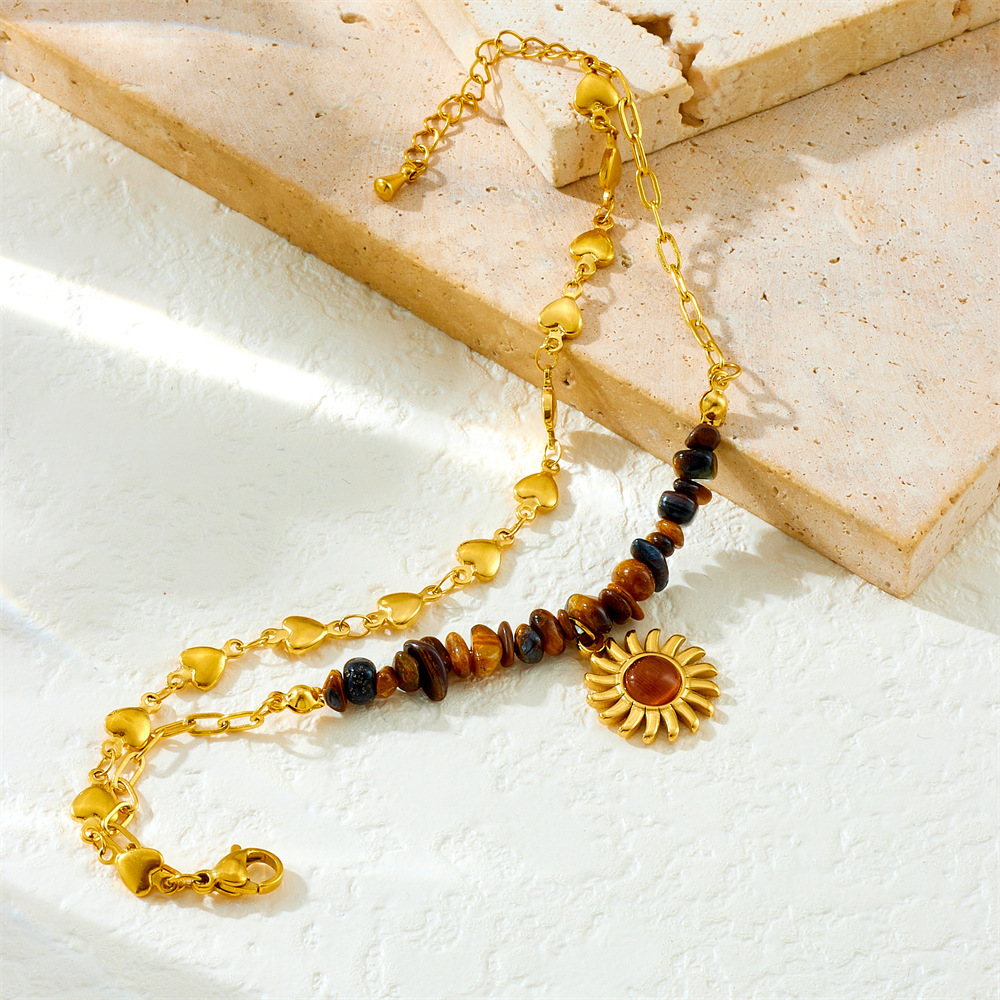 European and American cross-border retro fashion double-layered tiger's eye beaded heart chain stainless steel sun pendant bracelet