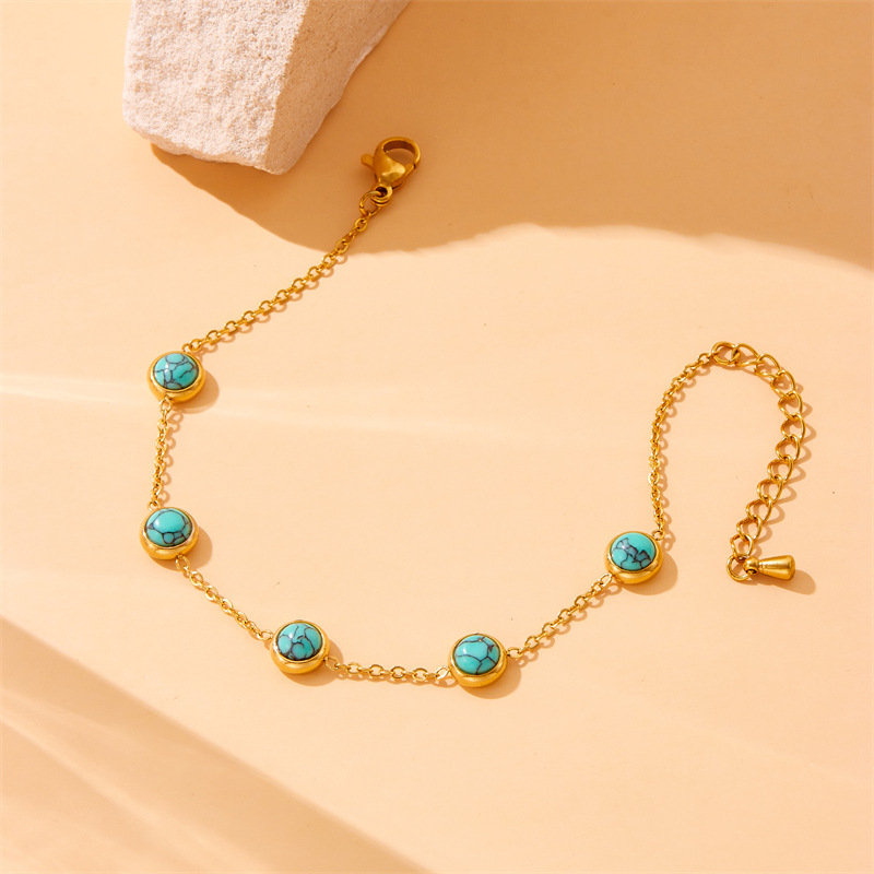 European and American cross-border retro versatile blue turquoise clavicle chain round earrings studs bracelet necklace stainless steel jewelry set