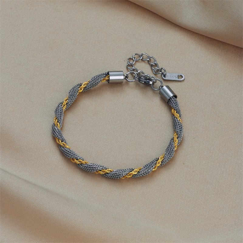 European and American cross-border creative personalized minimalist titanium steel color-blocked braided two-tone hollow plain circle bracelet