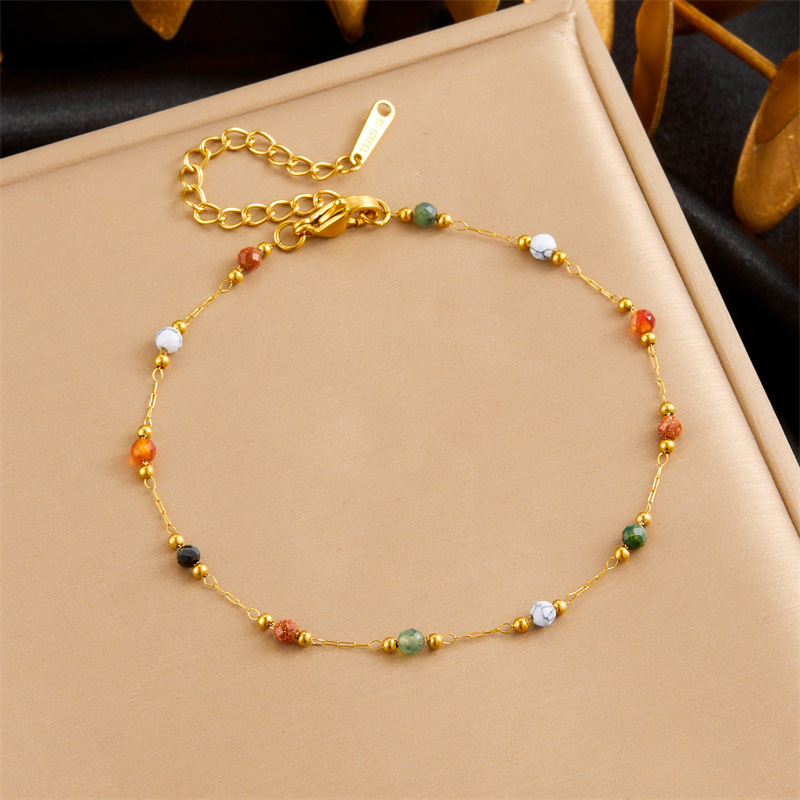European and American fashion ethnic style niche design colorful stone beaded stainless steel chain bracelet necklace anklet set