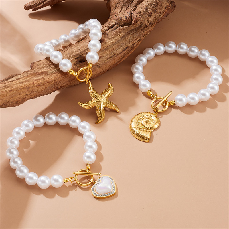French vintage design pearl chain gold-plated OT clasp stainless steel scallop starfish pendant bracelet and necklace set