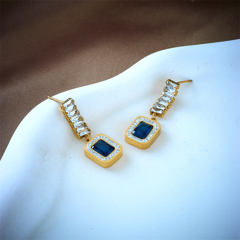 European and American cross-border fashion, light luxury, high-end, versatile, diamond-encrusted square sapphire earrings, pendants, jewelry, studs