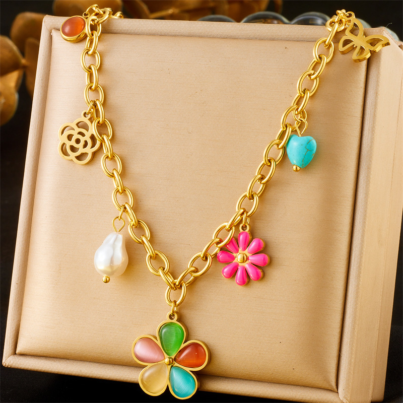 Fashionable cross-border colorful dopamine dripping oil rainbow flower accessories pendant eyes butterfly chain stainless steel necklace
