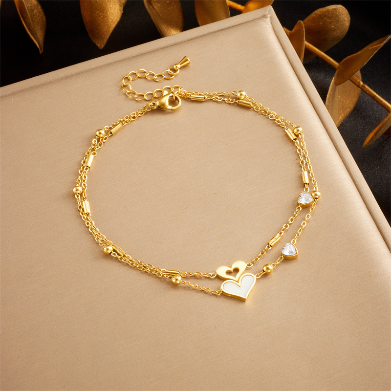 European and American cross-border fashion retro minimalist double-layered heart-shaped diamond-encrusted tree of life accessory chain anklet