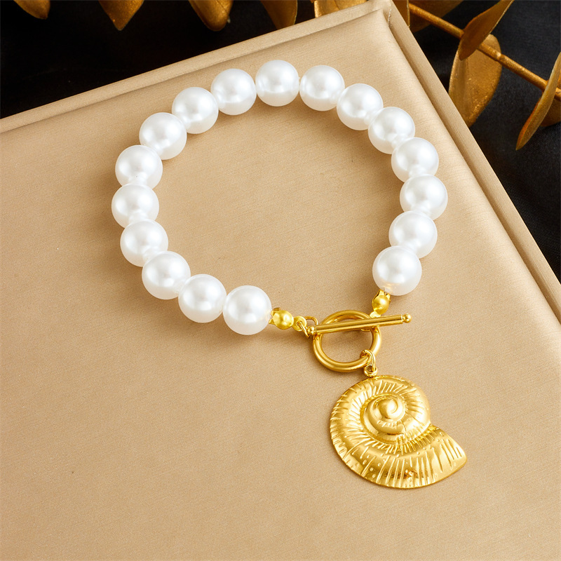 French vintage design pearl chain gold-plated OT clasp stainless steel scallop starfish pendant bracelet and necklace set