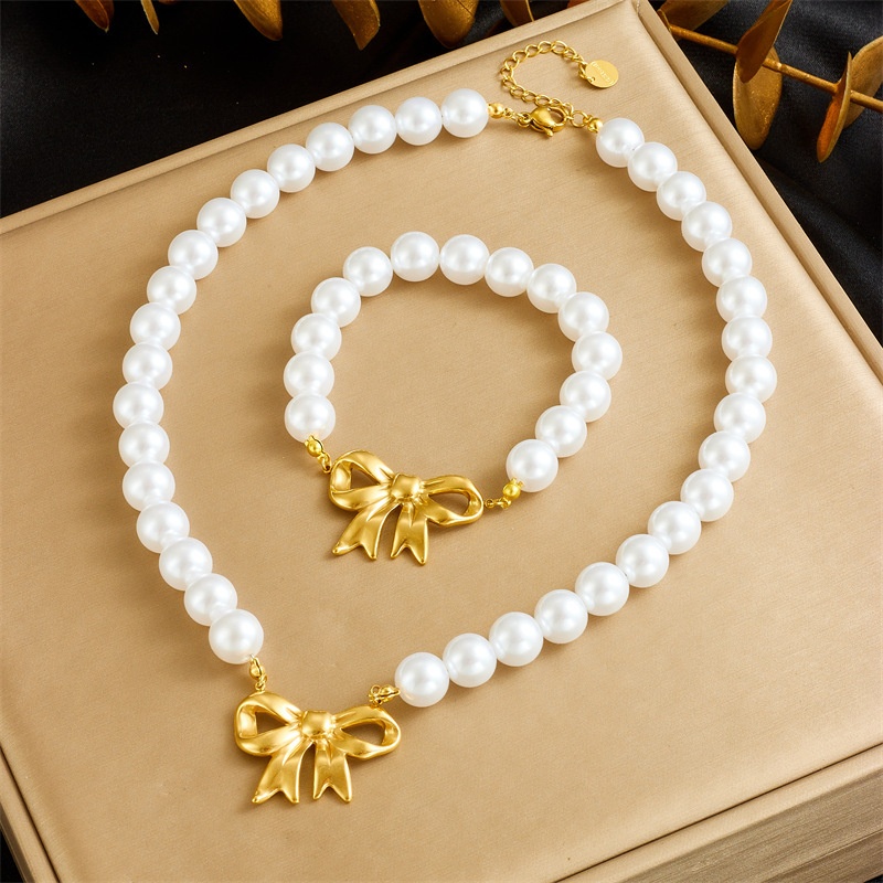 French vintage design pearl chain gold-plated OT clasp stainless steel scallop starfish pendant bracelet and necklace set