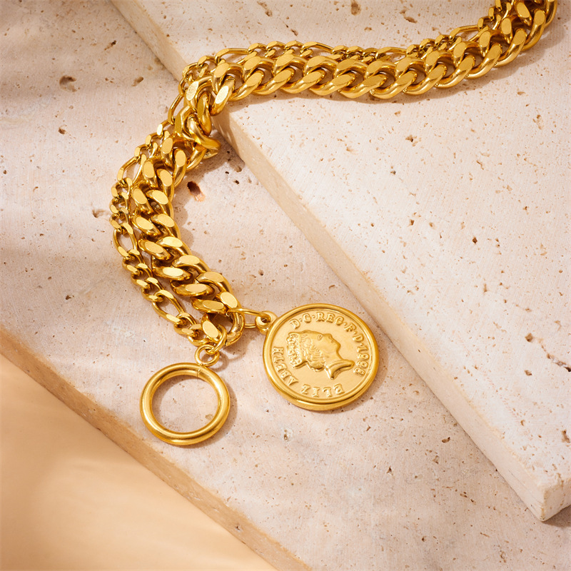Cross-border fashion retro high-end gold-plated portrait round stainless steel OT buckle pendant chain bracelet