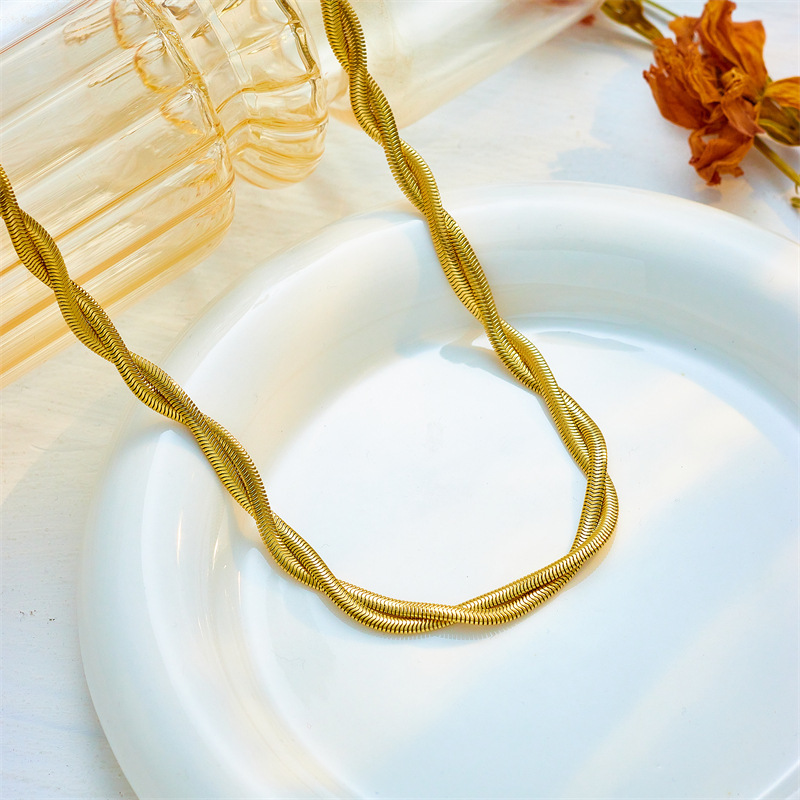 European and American style minimalist unisex braided cable knit gold-plated stainless steel chain jewelry necklace and bracelet set