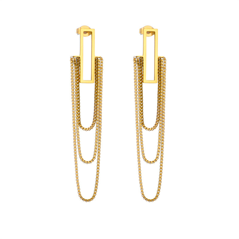 European and American style, light luxury gold-plated titanium steel multi-layer tassel chain geometric long earrings
