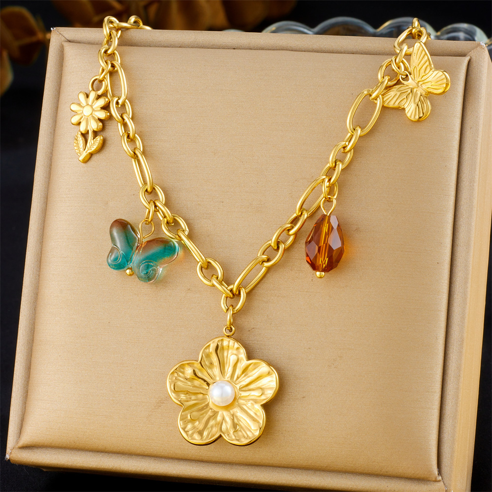 New cross-border fashion retro multi-element heart bow seashell cherry cross eye chain necklace
