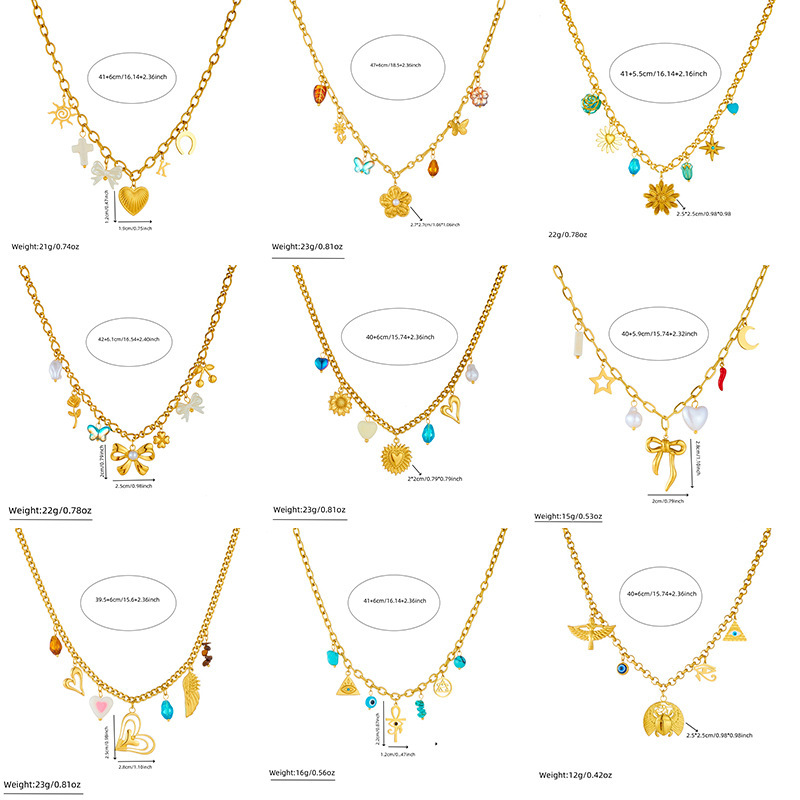New cross-border fashion retro multi-element heart bow seashell cherry cross eye chain necklace
