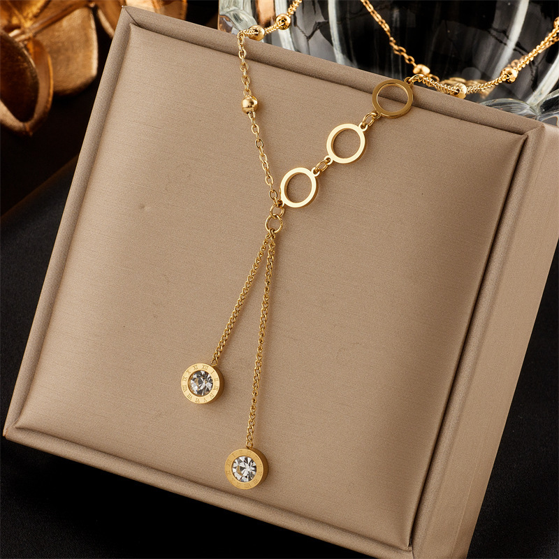 European and American cross-border fashion minimalist light luxury versatile long tassel diamond-encrusted circle pendant titanium steel irregular necklace