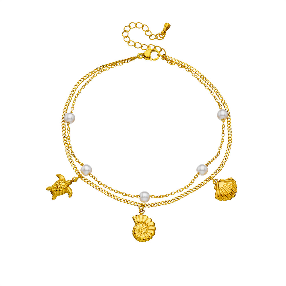 Stylish and simple colorful shimmering seashell and butterfly double-layered beach style stainless steel chain pearl starfish anklet