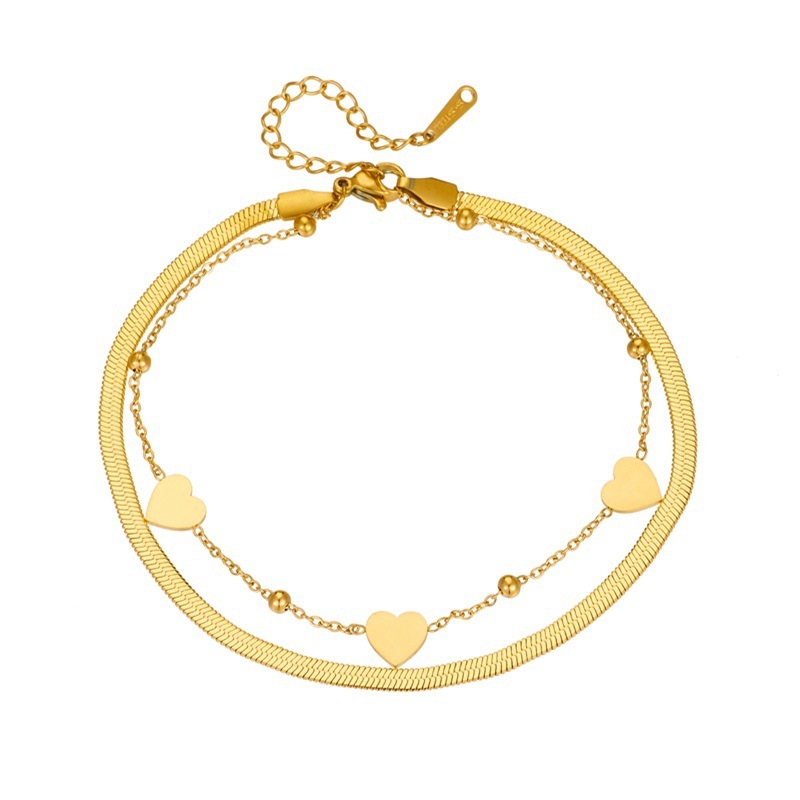 Unique design, heart-shaped chain, double-layered, gold-plated titanium steel, fashionable and versatile anklet.