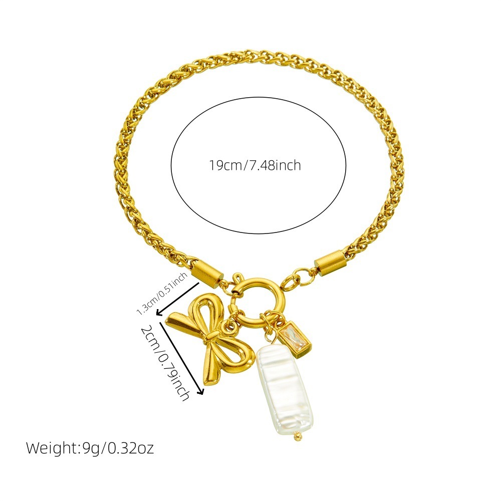 Korean style, fashionable and elegant, simple gold-plated braided chain with bow and seashell pendant, stainless steel gold-plated bracelet.