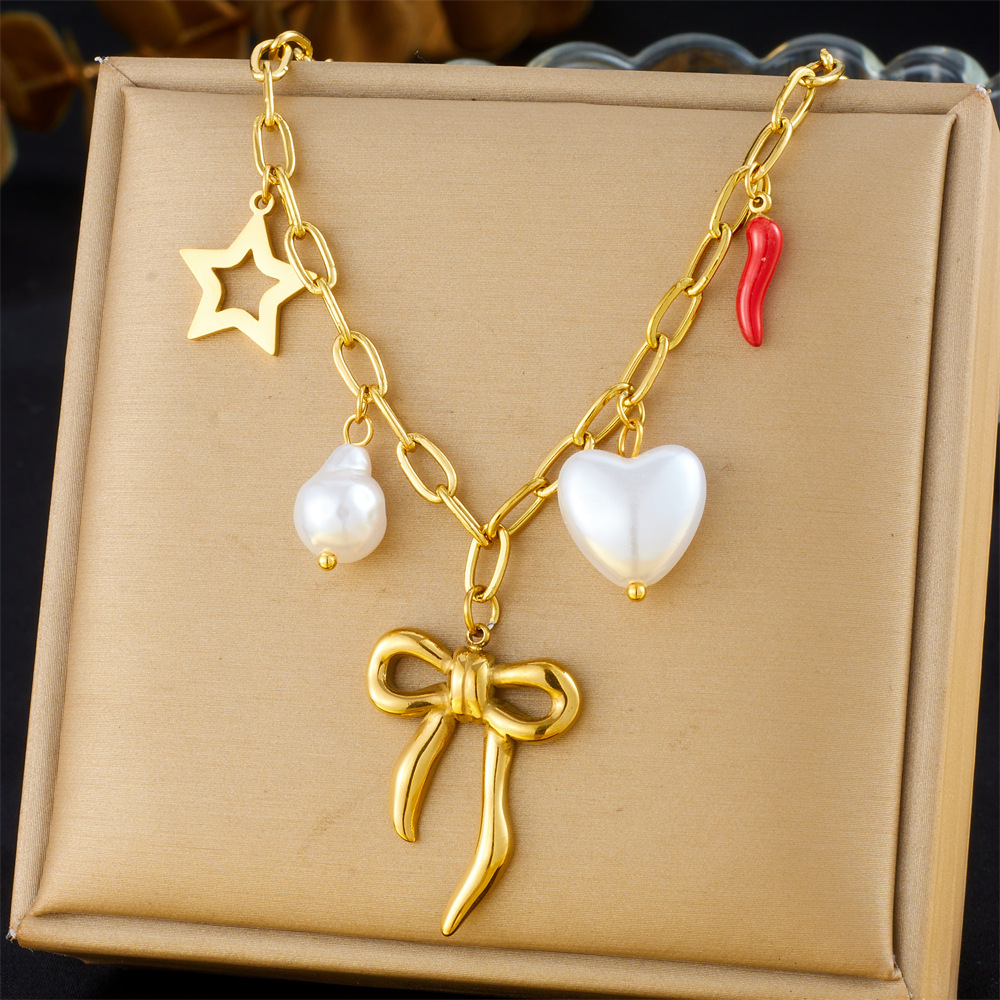 New cross-border fashion retro multi-element heart bow seashell cherry cross eye chain necklace