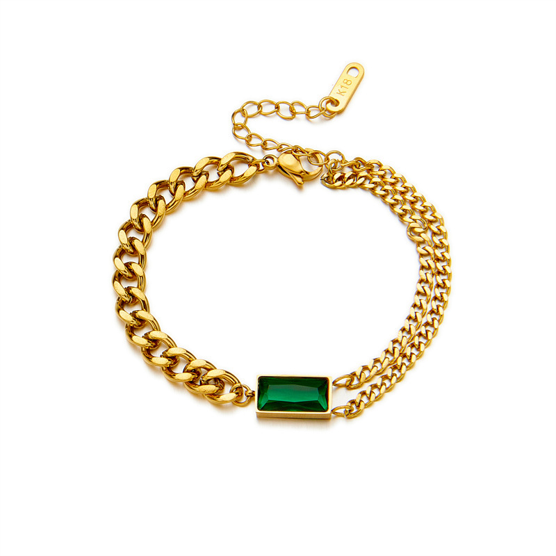 European and American style minimalist luxury light gold-plated titanium steel chain diamond-encrusted rectangular green diamond jewelry three-piece set