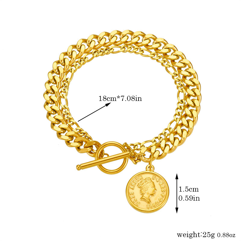 Cross-border fashion retro high-end gold-plated portrait round stainless steel OT buckle pendant chain bracelet
