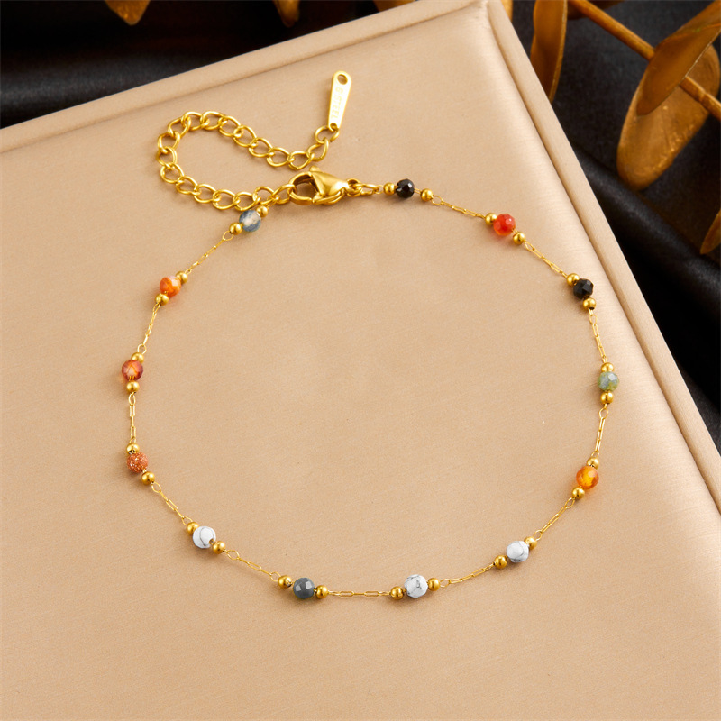 European and American fashion ethnic style niche design colorful stone beaded stainless steel chain bracelet necklace anklet set