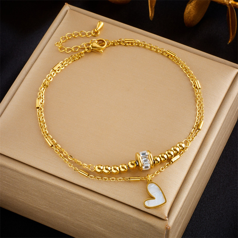 Fashionable, niche design, minimalist, high-end, retro double-layered pearl heart-shaped diamond-encrusted five-pointed star pendant anklet