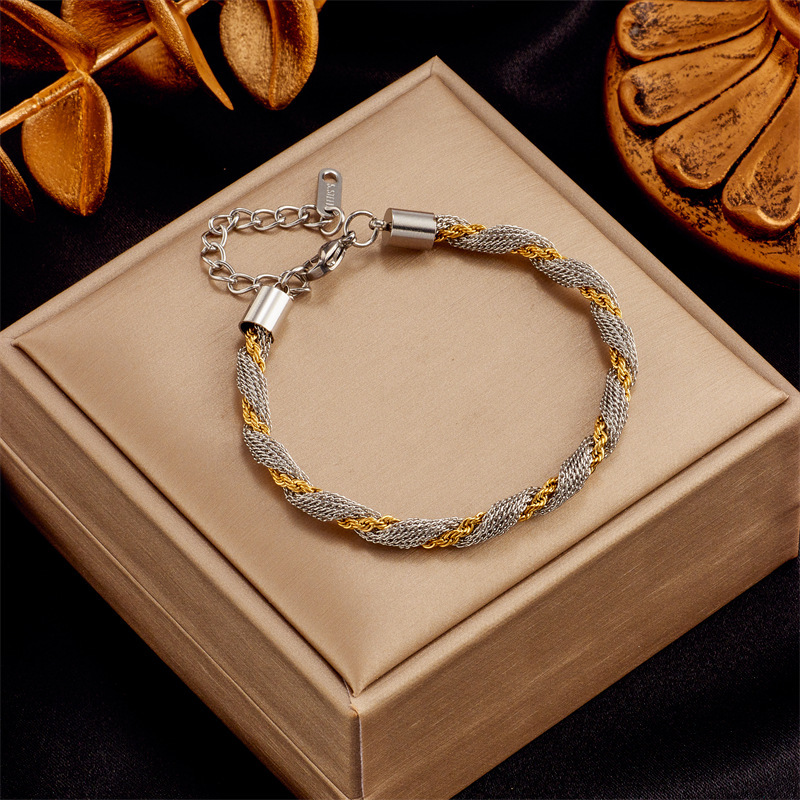 European and American cross-border creative personalized minimalist titanium steel color-blocked braided two-tone hollow plain circle bracelet