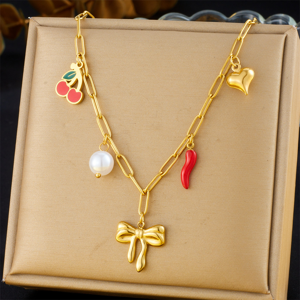 New cross-border fashion retro multi-element heart bow seashell cherry cross eye chain necklace