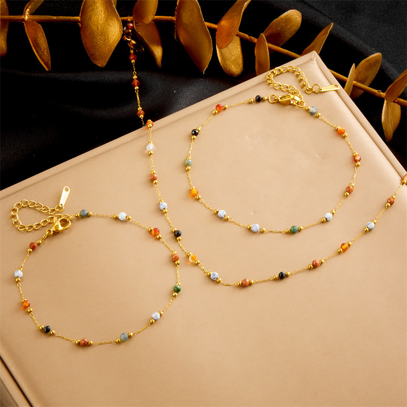 European and American fashion ethnic style niche design colorful stone beaded stainless steel chain bracelet necklace anklet set