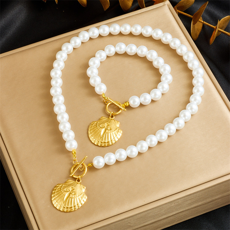 French vintage design pearl chain gold-plated OT clasp stainless steel scallop starfish pendant bracelet and necklace set