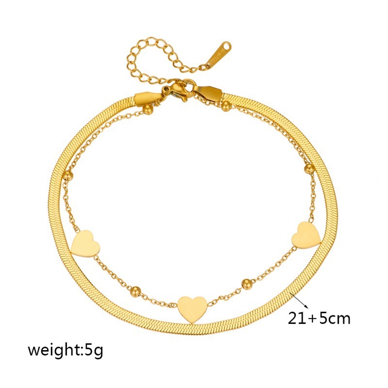 Unique design, heart-shaped chain, double-layered, gold-plated titanium steel, fashionable and versatile anklet.
