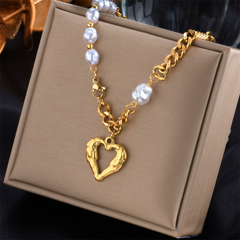 European and American cross-border high-end asymmetrical chain heart pearl pendant stainless steel multi-layer chain necklace