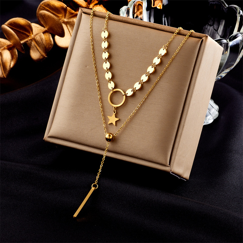 Cross-border fashion, high-end minimalist style, layered stainless steel butterfly star oval pendant chain jewelry necklace