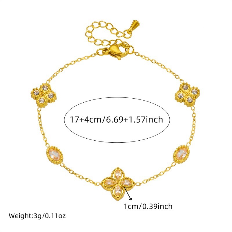 Fashionable cross-border rhinestone diamond four-petal flower double-layer chain pearl accessories geometric stainless steel bracelet