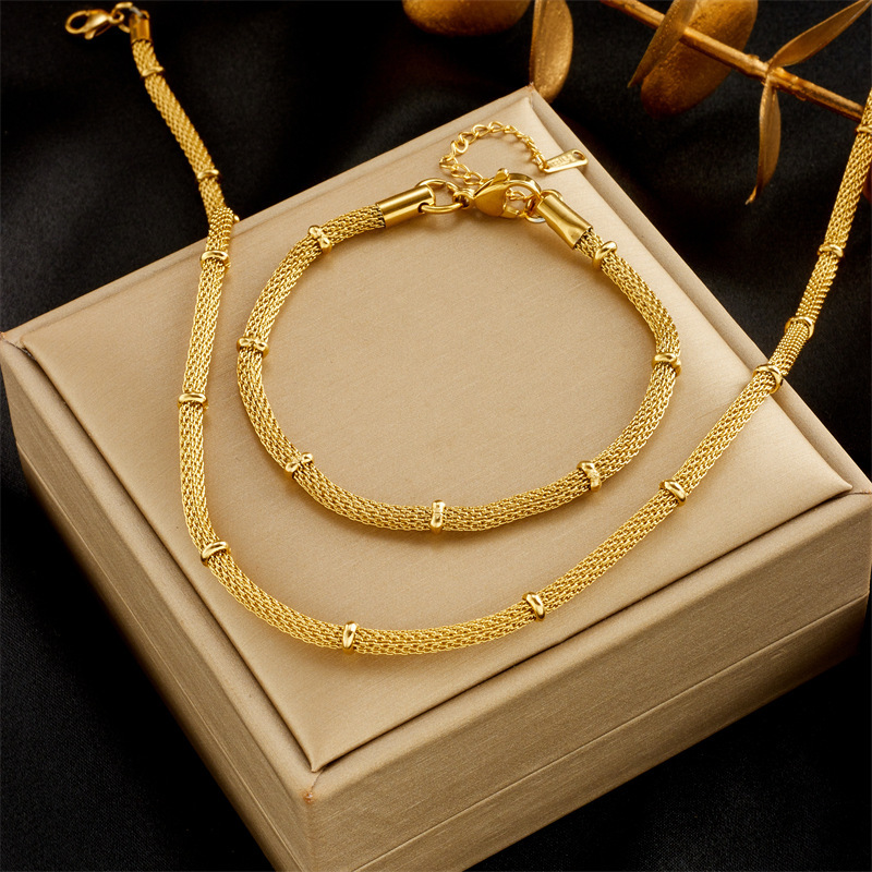 European and American style niche minimalist bamboo joint necklace and bracelet metal mesh round chain retro jewelry set