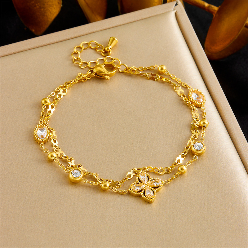 Fashionable cross-border rhinestone diamond four-petal flower double-layer chain pearl accessories geometric stainless steel bracelet