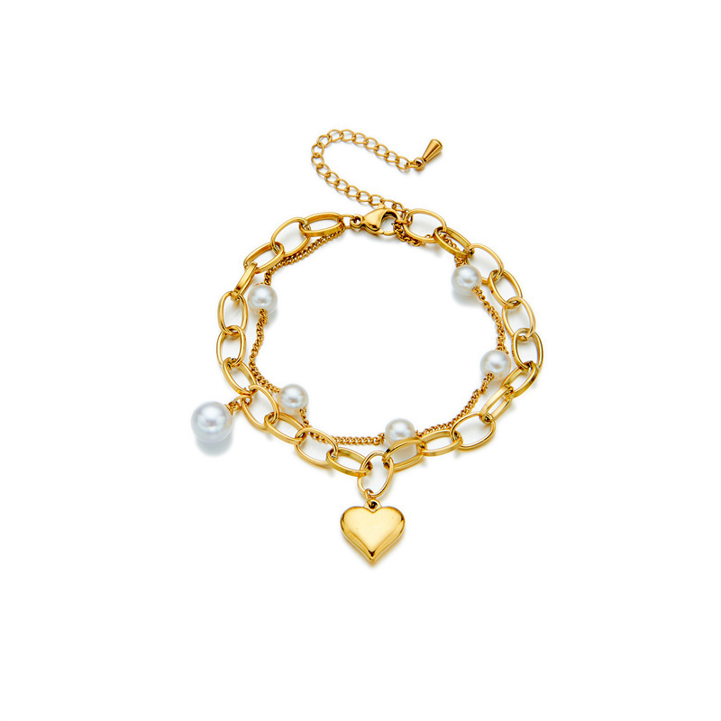 Korean style, niche, minimalist design, retro French style, metal heart pearl pendant, multi-layer chain bracelet