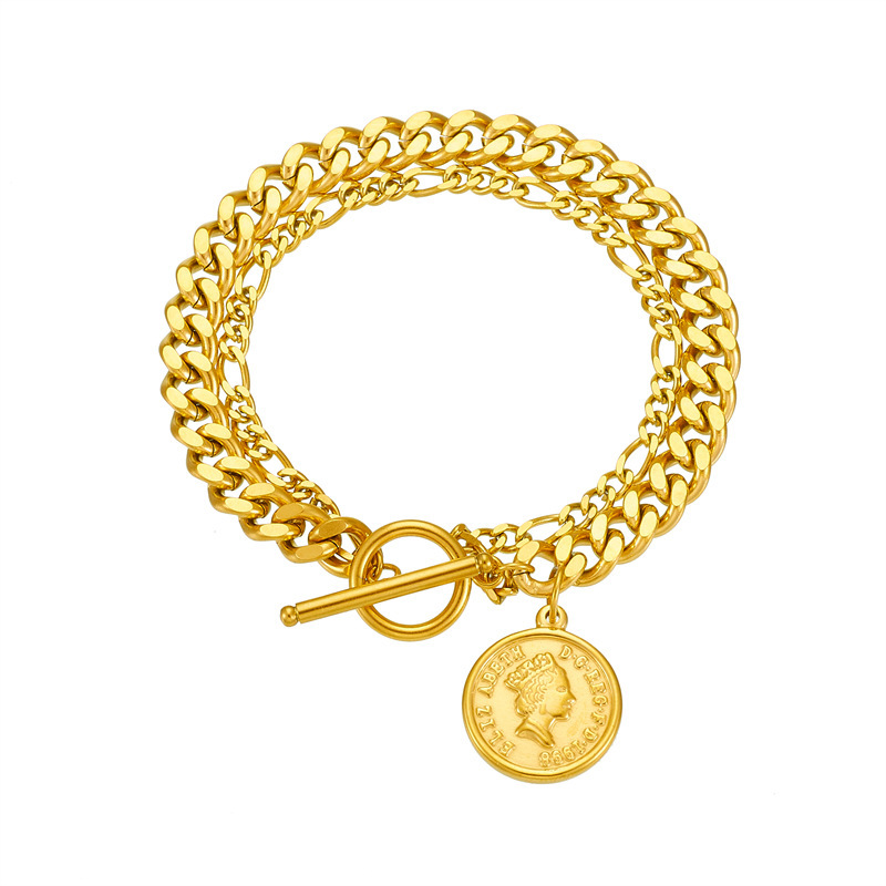 Cross-border fashion retro high-end gold-plated portrait round stainless steel OT buckle pendant chain bracelet