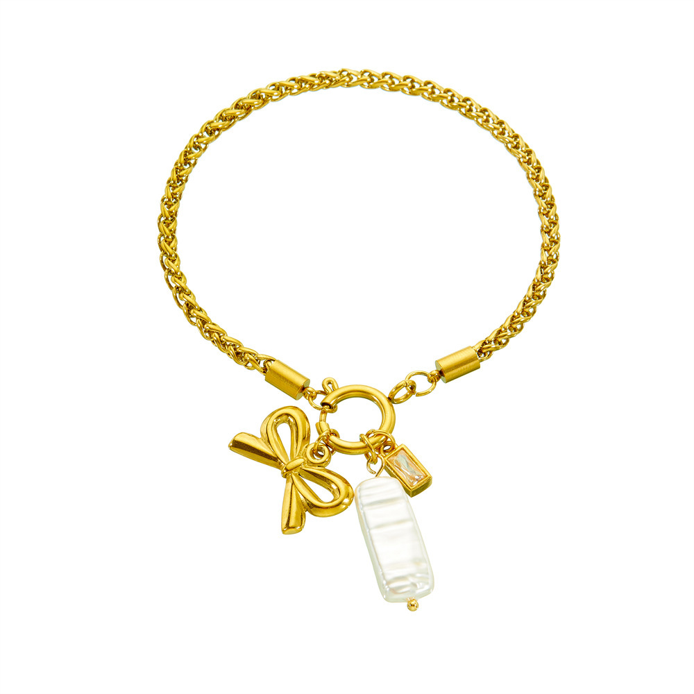 Korean style, fashionable and elegant, simple gold-plated braided chain with bow and seashell pendant, stainless steel gold-plated bracelet.
